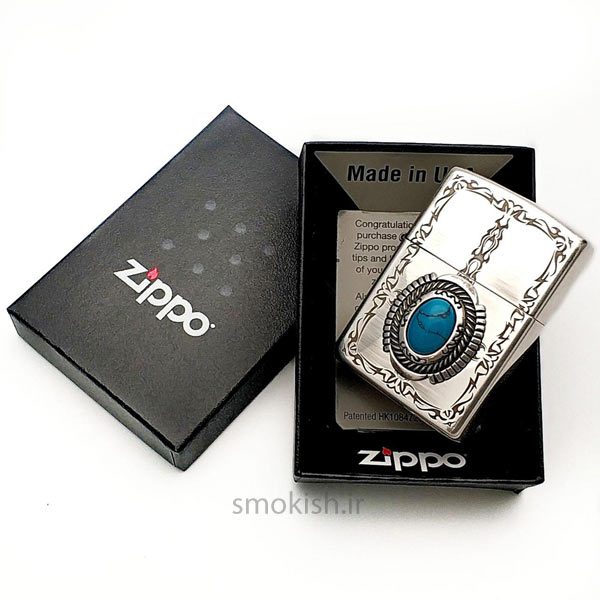 فندک زیپو روکش نقره Zippo Blue Stone Antique Silver Plate